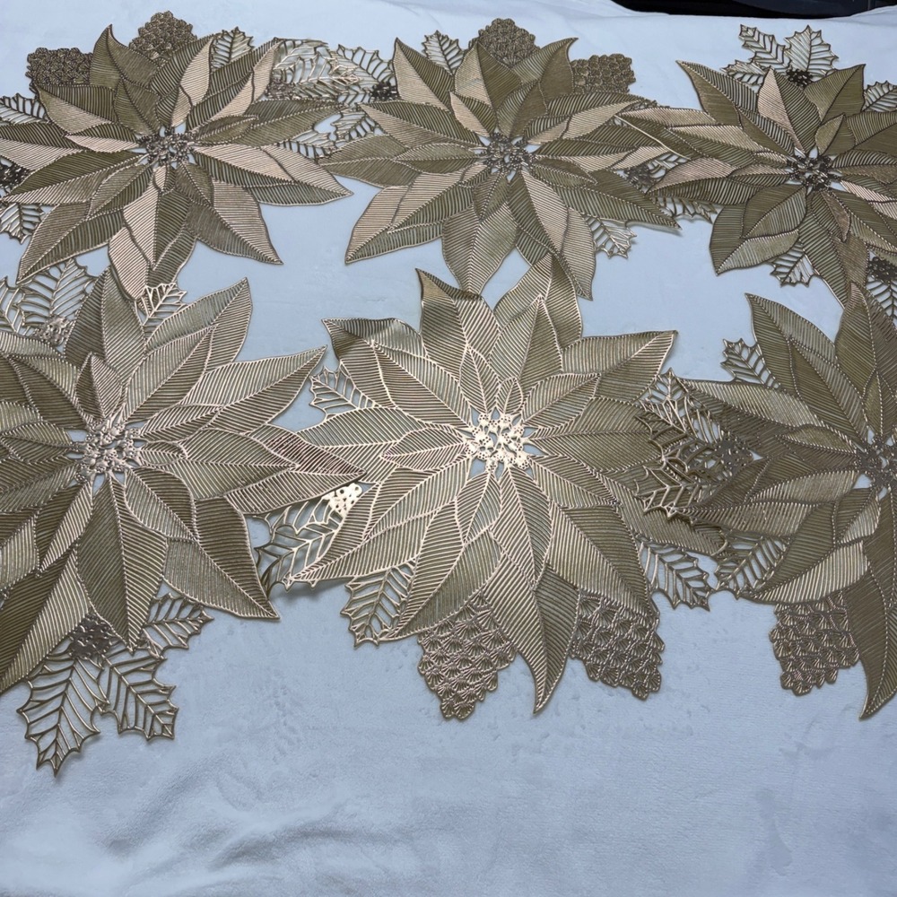 Gold Metallic Holly Leaf Vinyl Christmas Placemats Set of 6 Holiday Table Decor